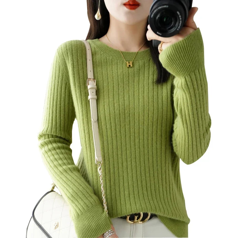 Striped winter sweater with a classic O-neck, long sleeves, and an elegant, modern design.