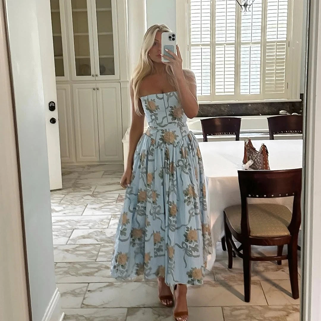 Oligai Floral Print Midi Dress, Elegant Spaghetti Strap Flowy Silhouette