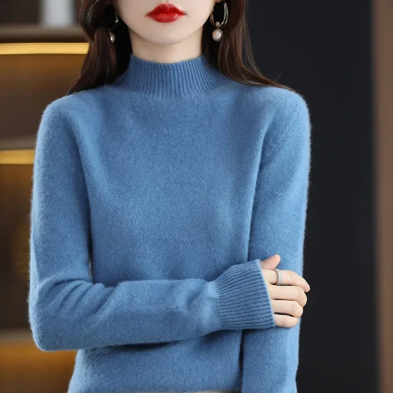 Korean-Style Knit Sweater – Semi-High Collar, Long Sleeves, Minimalist Design and Comfortable Fit