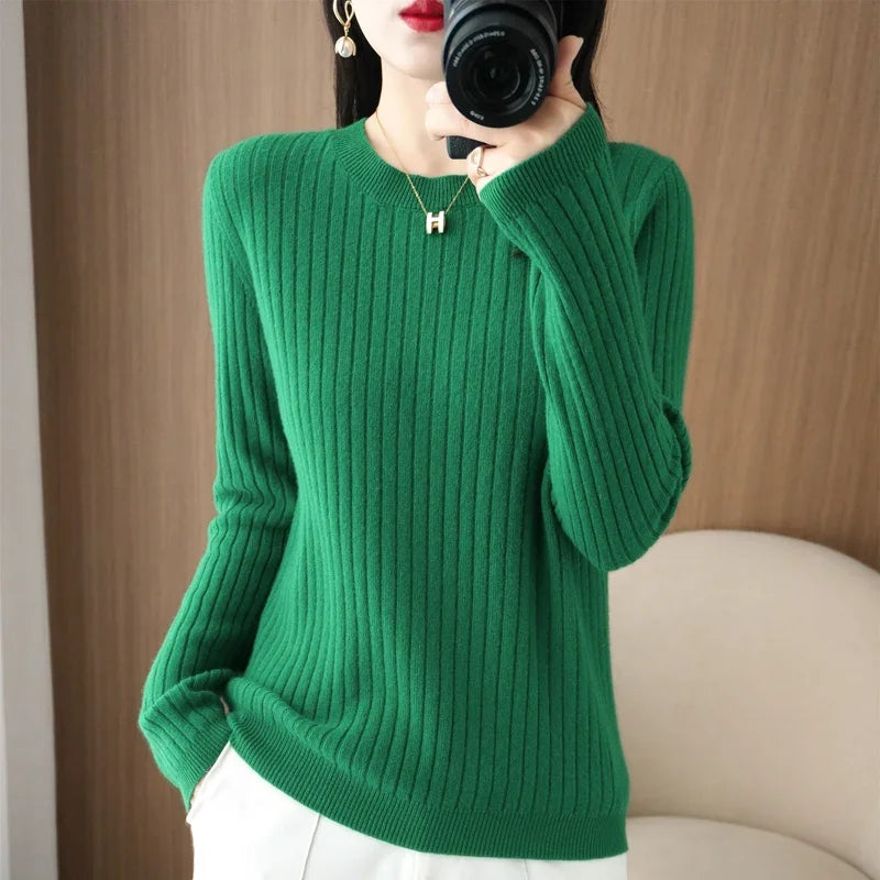 Striped winter sweater with a classic O-neck, long sleeves, and an elegant, modern design.