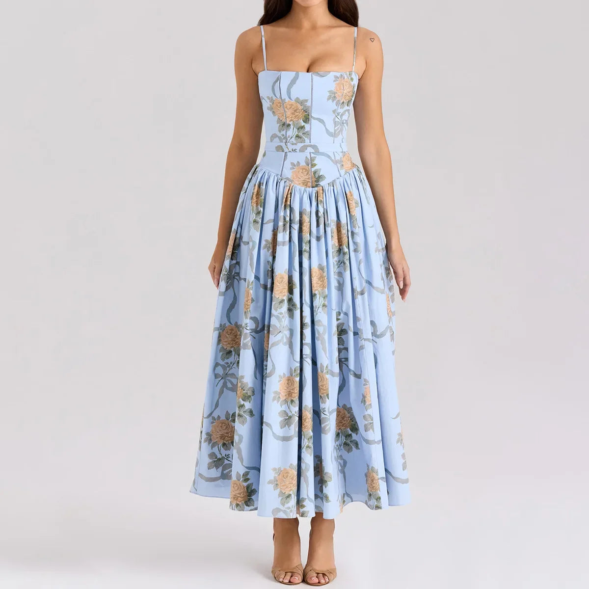 Oligai Floral Print Midi Dress, Elegant Spaghetti Strap Flowy Silhouette