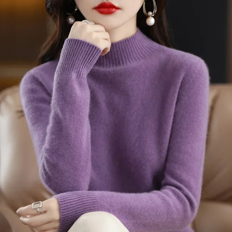 Korean-Style Knit Sweater – Semi-High Collar, Long Sleeves, Minimalist Design and Comfortable Fit
