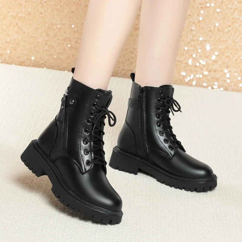 Women’s genuine leather ankle boots, warm and comfortable with a soft wool lining and zipper closure. Elegant, cozy, and perfect for cold days.