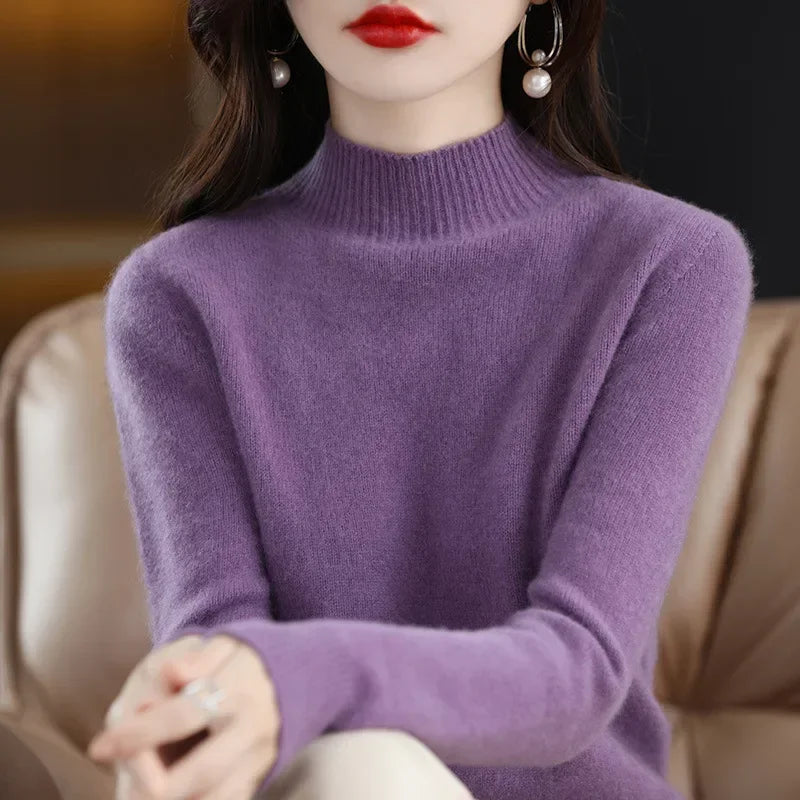 Korean-Style Knit Sweater – Semi-High Collar, Long Sleeves, Minimalist Design and Comfortable Fit
