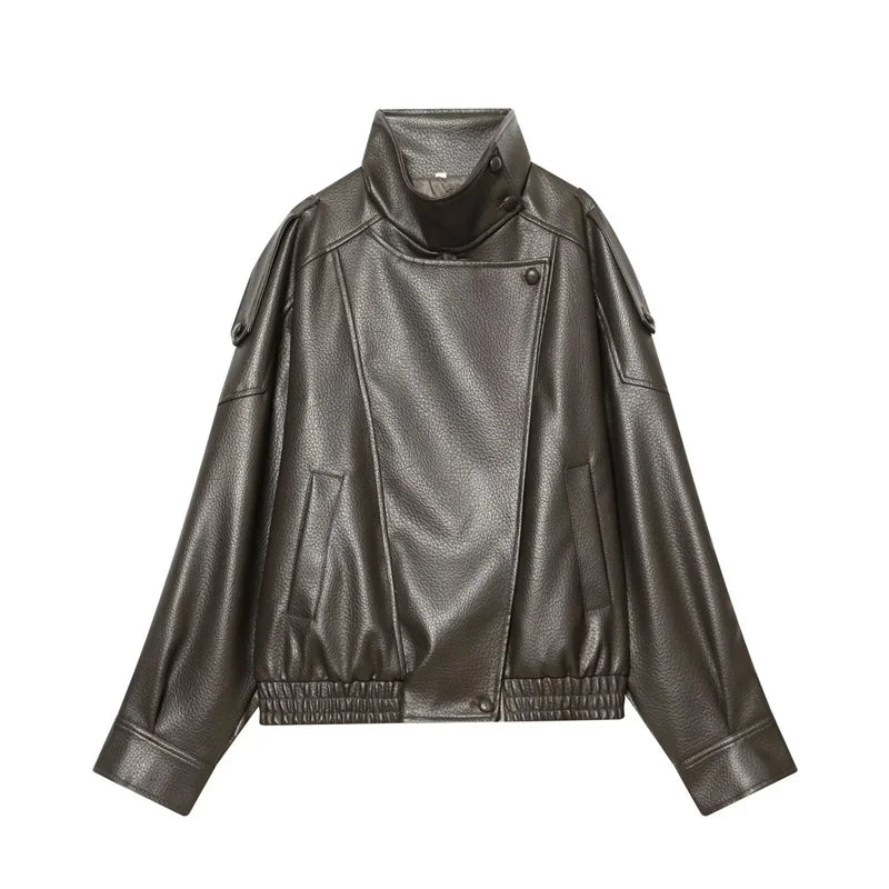 Black jacket in refined faux leather, modern cut and striking style.