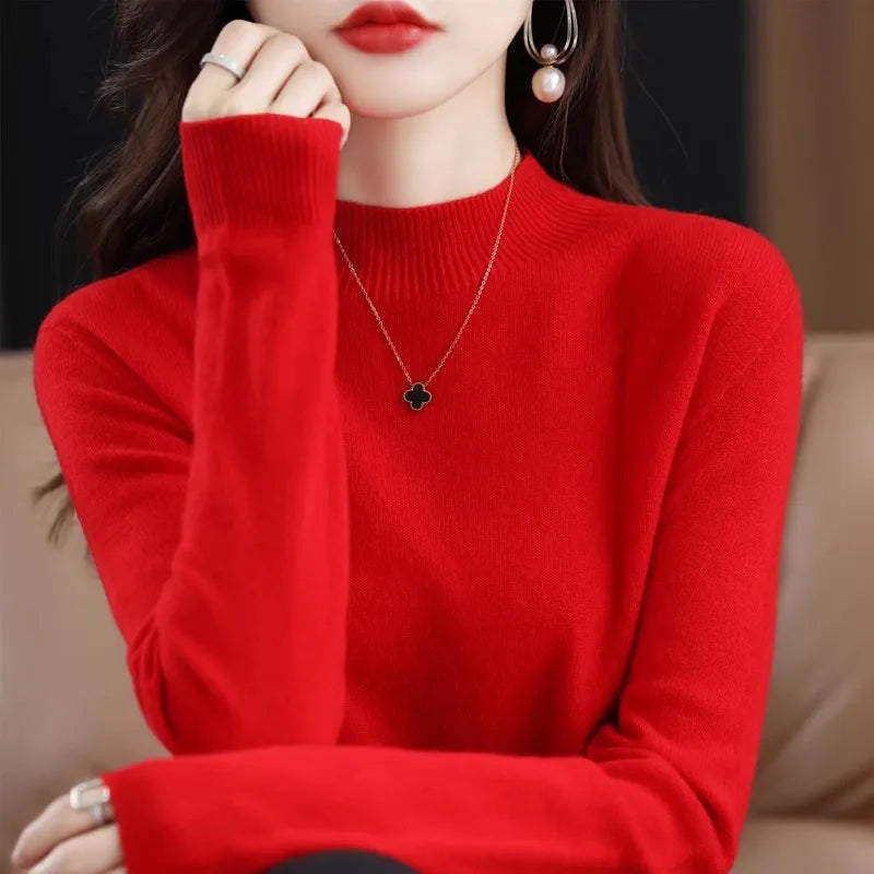 Korean-Style Knit Sweater – Semi-High Collar, Long Sleeves, Minimalist Design and Comfortable Fit