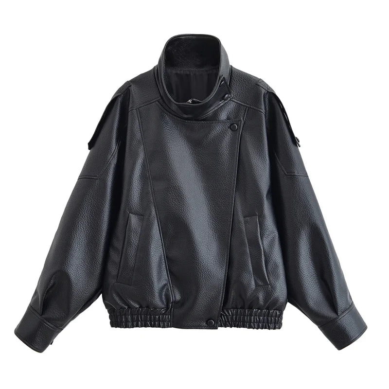 Black jacket in refined faux leather, modern cut and striking style.