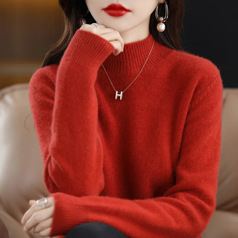 Korean-Style Knit Sweater – Semi-High Collar, Long Sleeves, Minimalist Design and Comfortable Fit