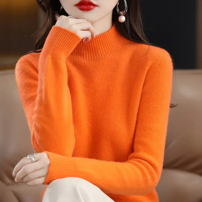 Korean-Style Knit Sweater – Semi-High Collar, Long Sleeves, Minimalist Design and Comfortable Fit