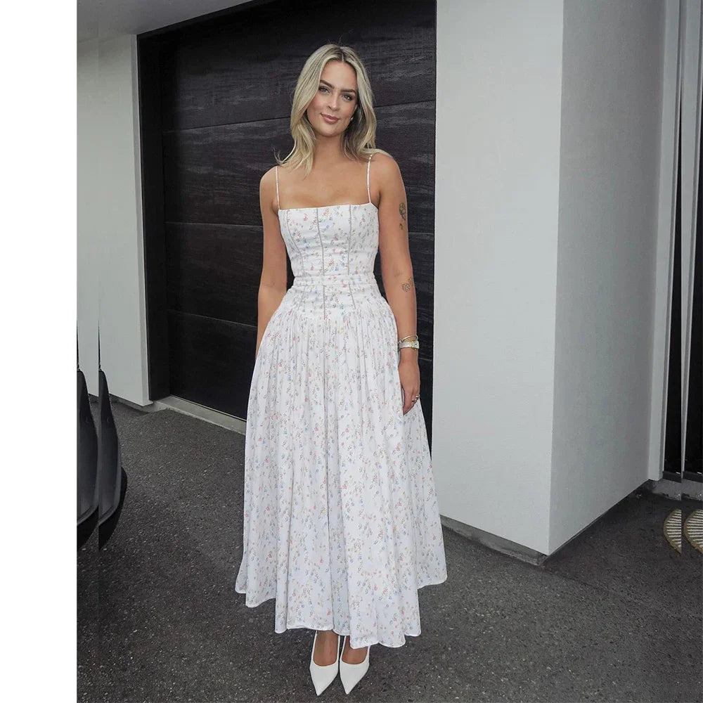 Oligai Floral Print Midi Dress, Elegant Spaghetti Strap Flowy Silhouette