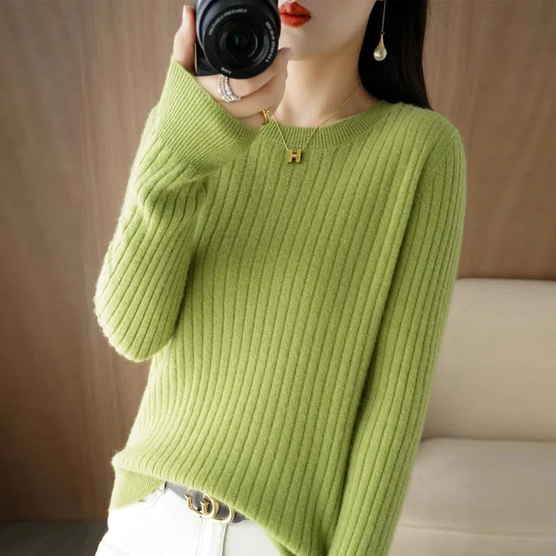 Striped winter sweater with a classic O-neck, long sleeves, and an elegant, modern design.