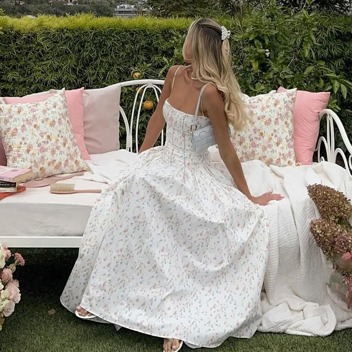 Oligai Floral Print Midi Dress, Elegant Spaghetti Strap Flowy Silhouette