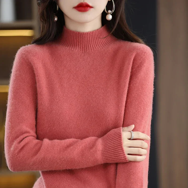 Korean-Style Knit Sweater – Semi-High Collar, Long Sleeves, Minimalist Design and Comfortable Fit