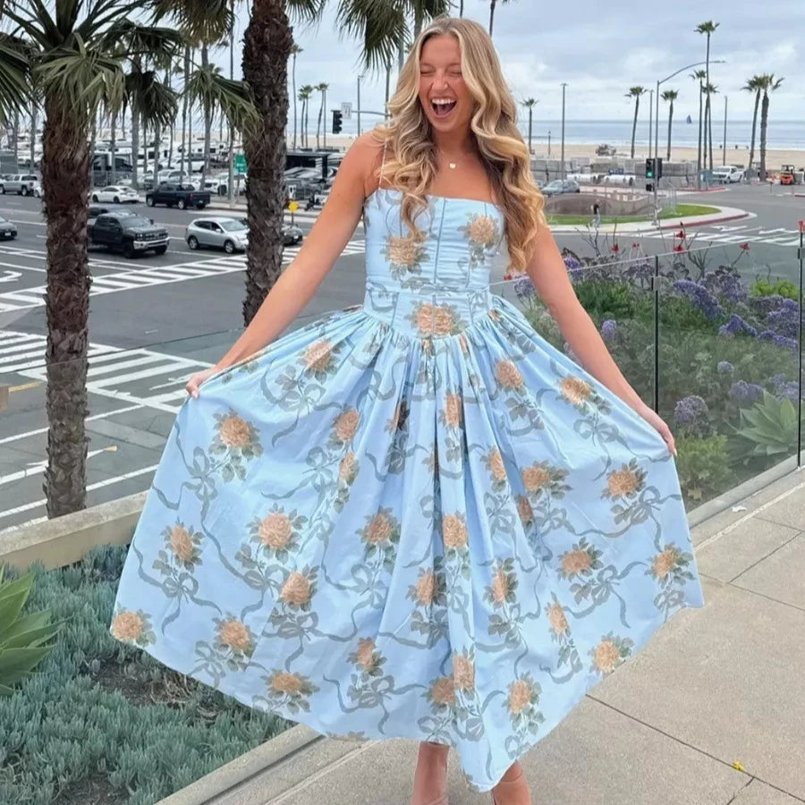 Oligai Floral Print Midi Dress, Elegant Spaghetti Strap Flowy Silhouette