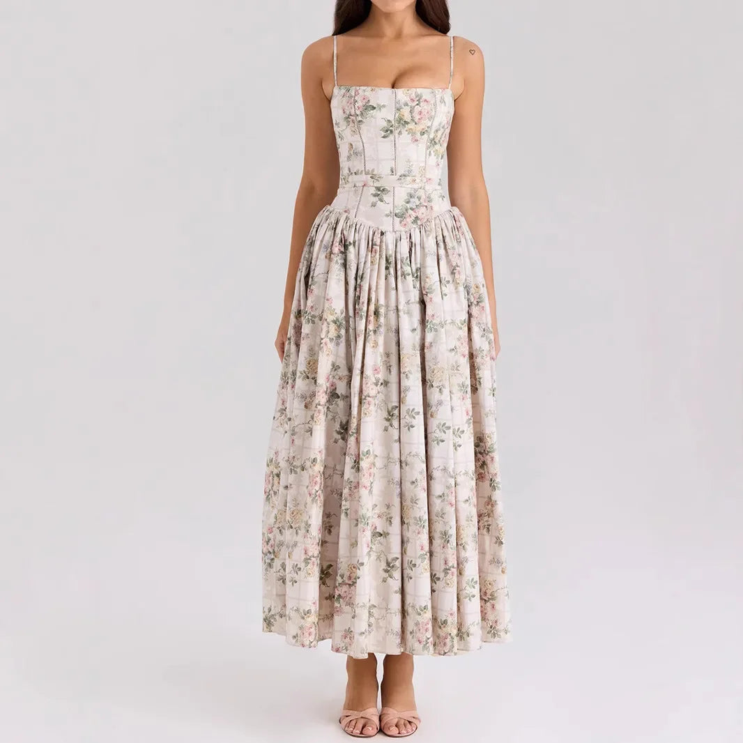 Oligai Floral Print Midi Dress, Elegant Spaghetti Strap Flowy Silhouette