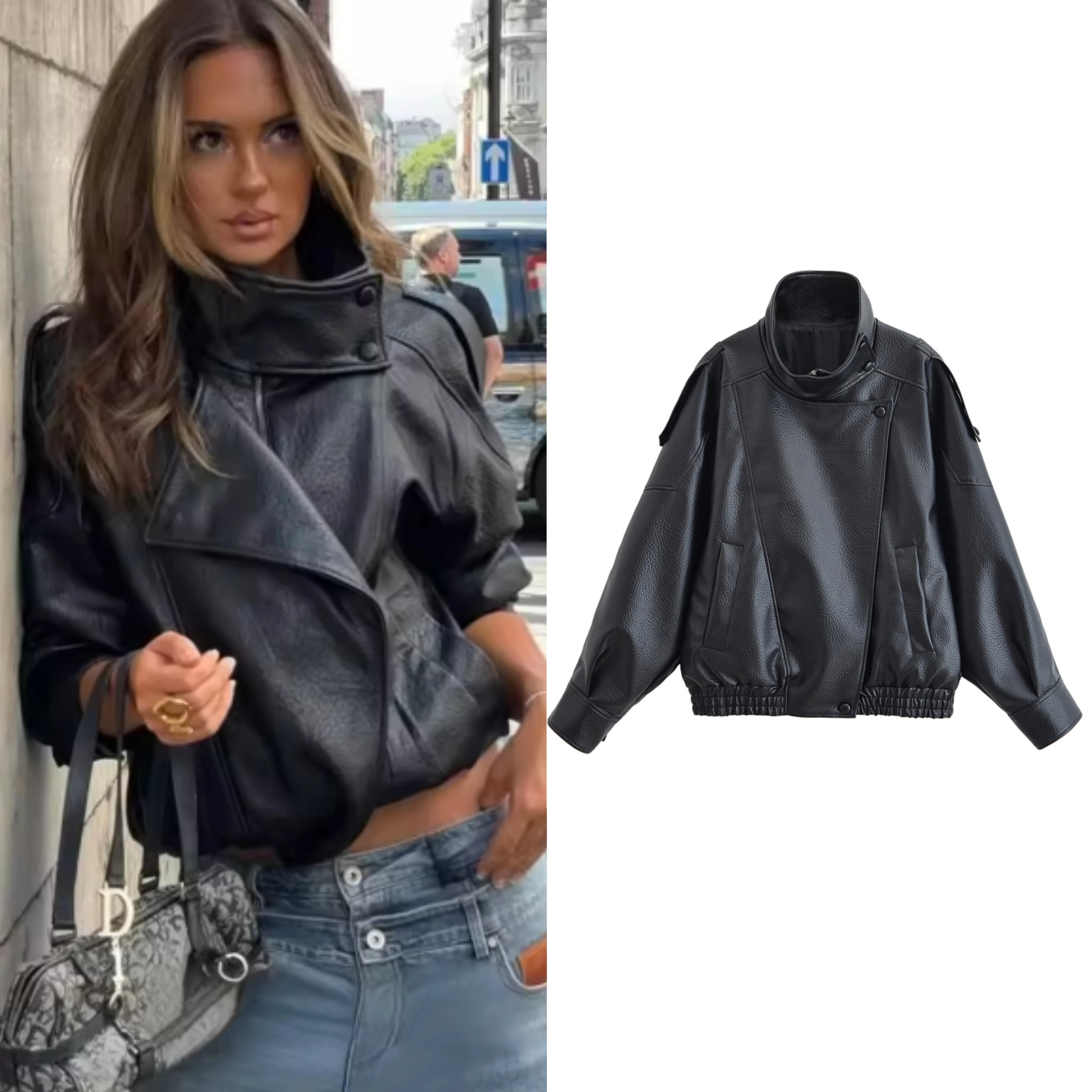 Black jacket in refined faux leather, modern cut and striking style.